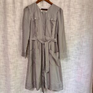 J Crew Collection 100% Silk Striped Shirt Dress Pockets Gray Cream Size 8